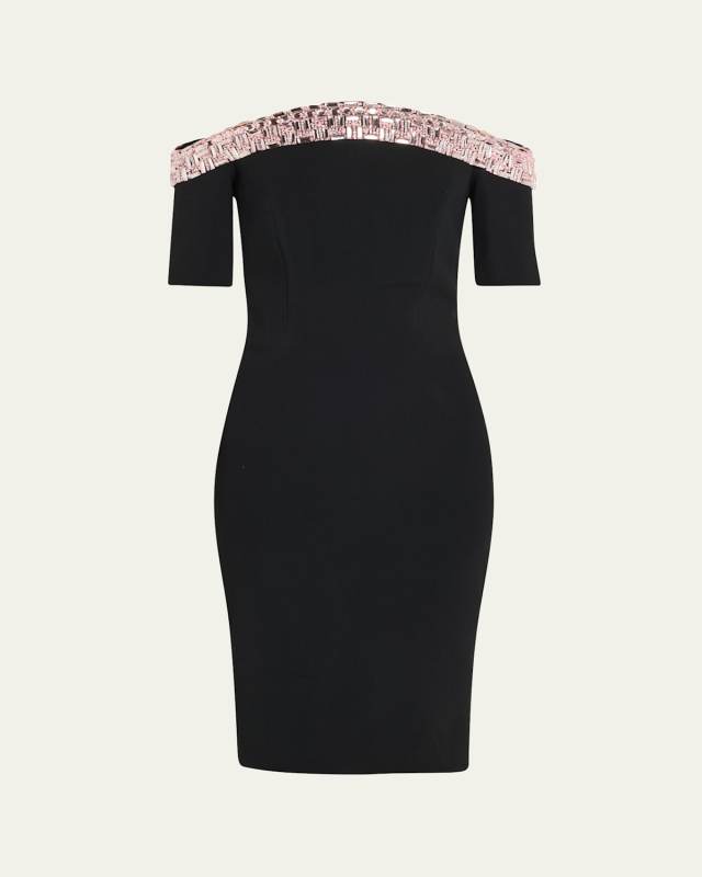 Off-Shoulder Crystal Neck-Trim Crepe Cocktail Dress